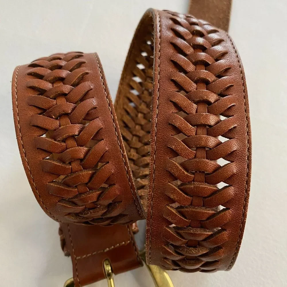 💎Lands End 506 Unisex Belt 32 Waist Woven Center Copper Brown Leather